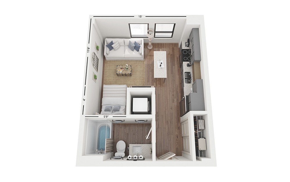 Capri A1 - Studio floorplan layout with 1 bathroom and 410 square feet