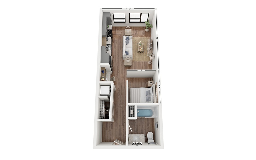 Cove A3 - Studio floorplan layout with 1 bath and 513 square feet.