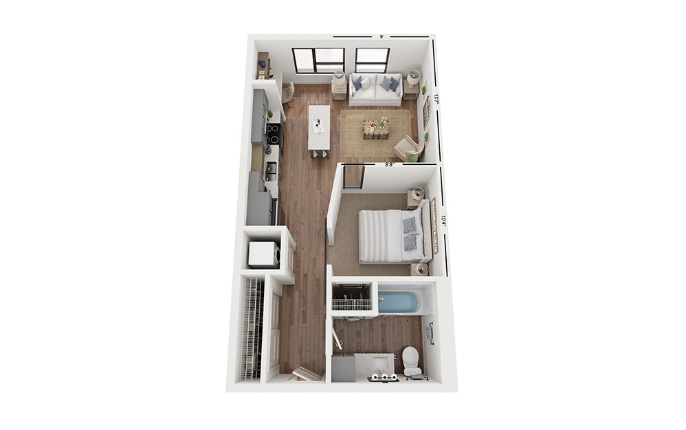 Cove AA7 - Studio floorplan layout with 1 bath and 591 square feet.