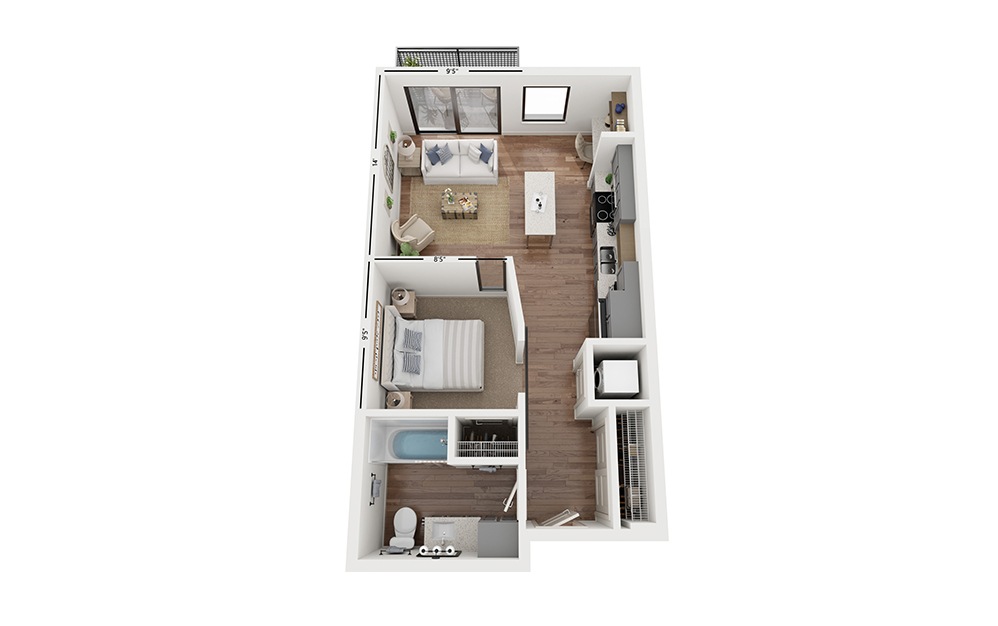 Cove AA8 - Studio floorplan layout with 1 bath and 579 square feet.