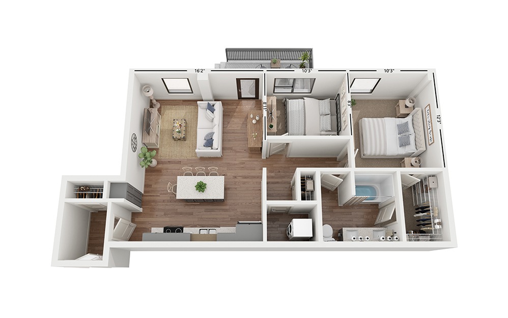 Duo BB1 - 2 bedroom floorplan layout with 1 bath and 919 square feet.