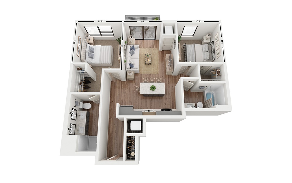 Duo C1 - 2 bedroom floorplan layout with 2 baths and 969 square feet.