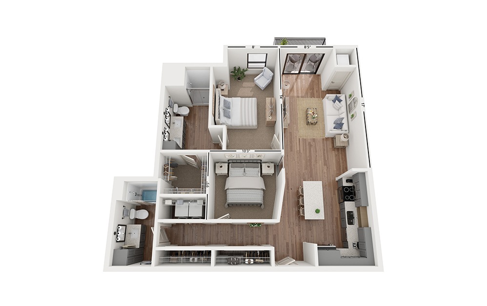 Duo C10 - 2 bedroom floorplan layout with 2 baths and 1142 square feet.