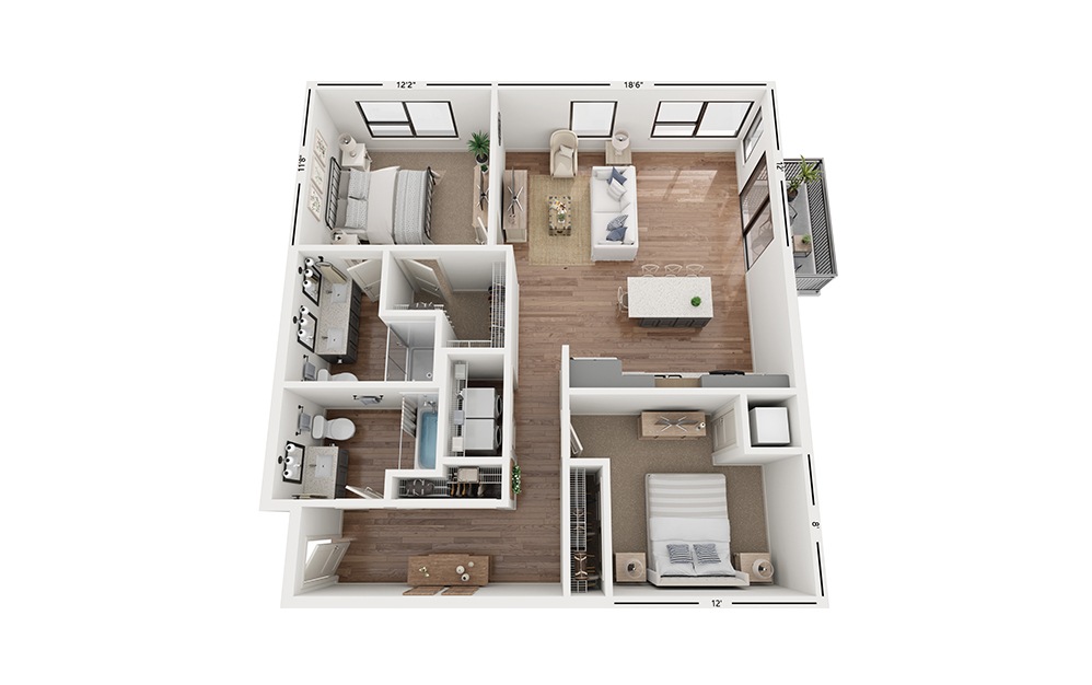 Duo C12 - 2 bedroom floorplan layout with 2 bathrooms and 1123 square feet