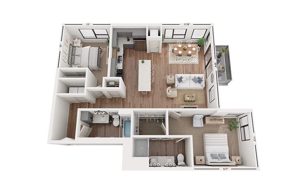 Duo C13 - 2 bedroom floorplan layout with 2 bathrooms and 1202 square feet