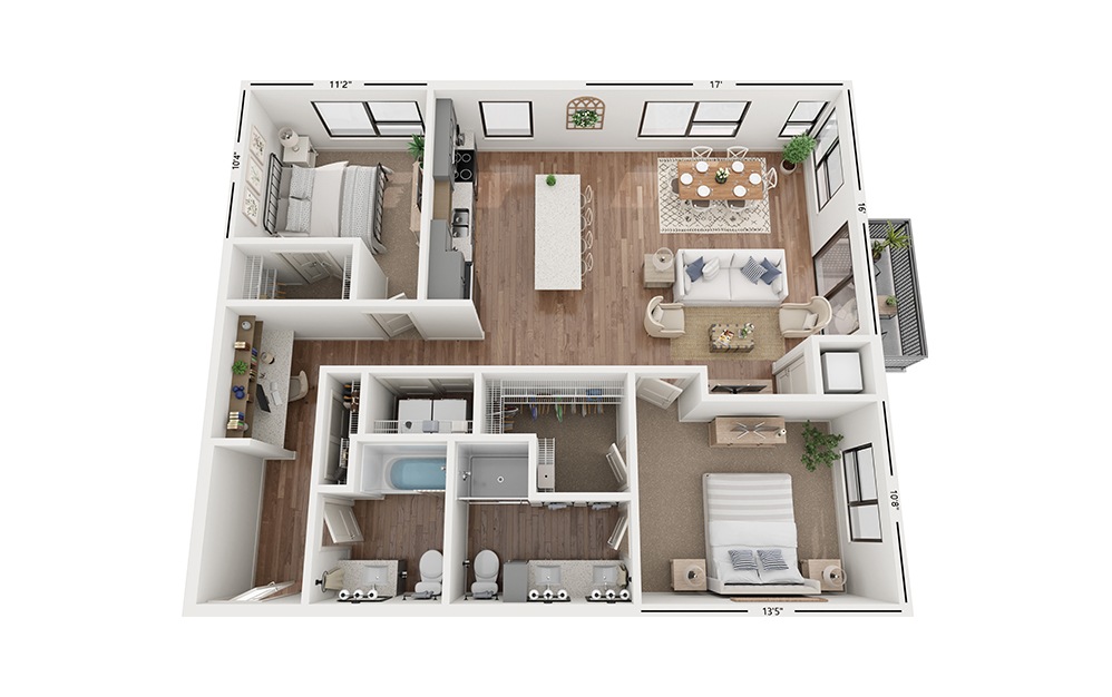 Duo C14 - 2 bedroom floorplan layout with 2 bathrooms and 1237 square feet