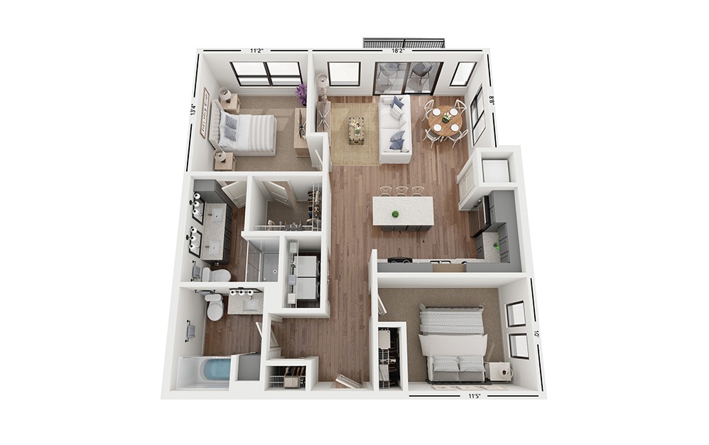 Duo C2 - 2 bedroom floorplan layout with 2 bathrooms and 1017 square feet