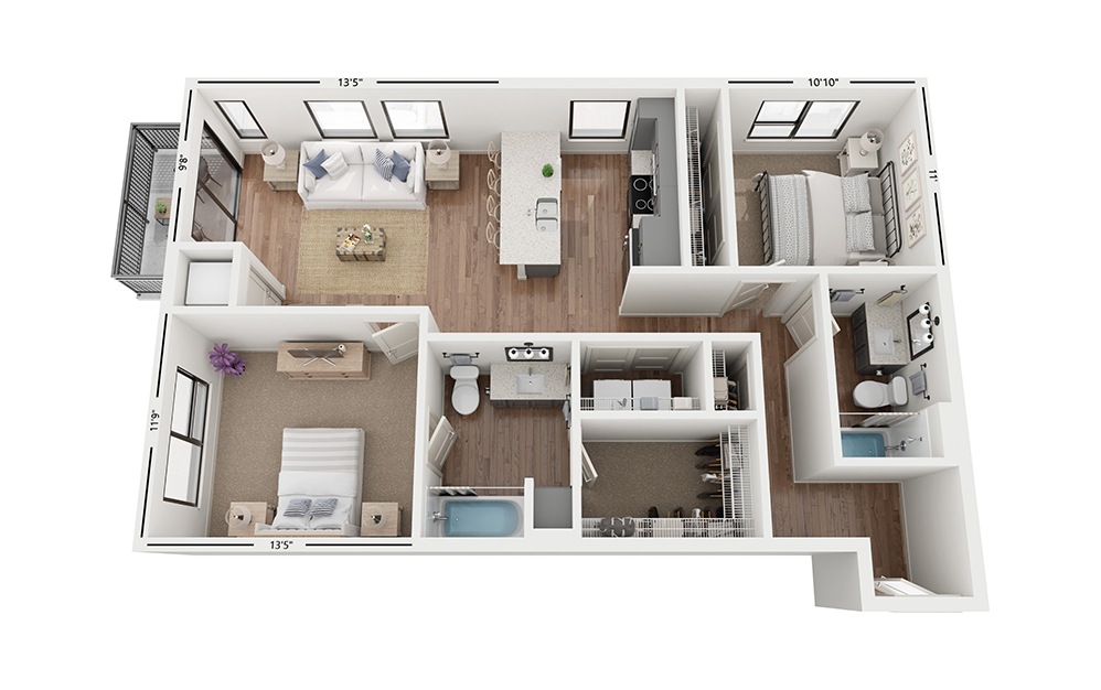 Duo C3 - 2 bedroom floorplan layout with 2 baths and 1024 square feet.