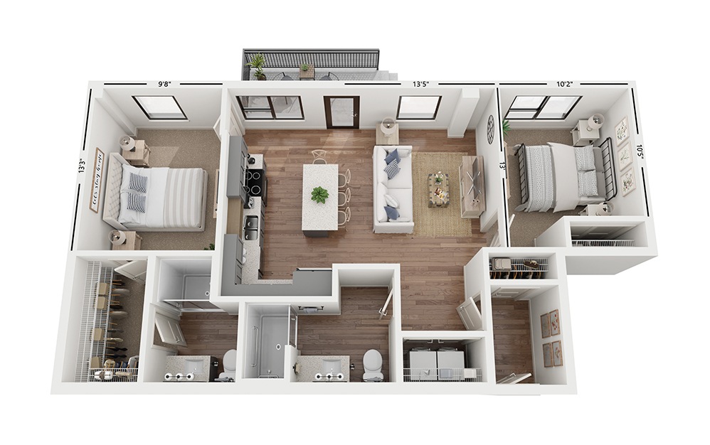 Duo C4 - 2 bedroom floorplan layout with 2 bathrooms and 1012 square feet