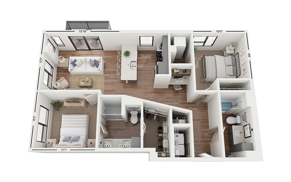 Duo C5 - 2 bedroom floorplan layout with 2 baths and 1041 square feet.