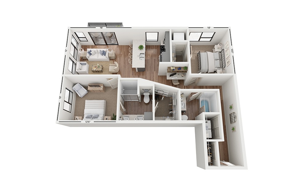 Duo C7 - 2 bedroom floorplan layout with 2 baths and 1070 square feet.