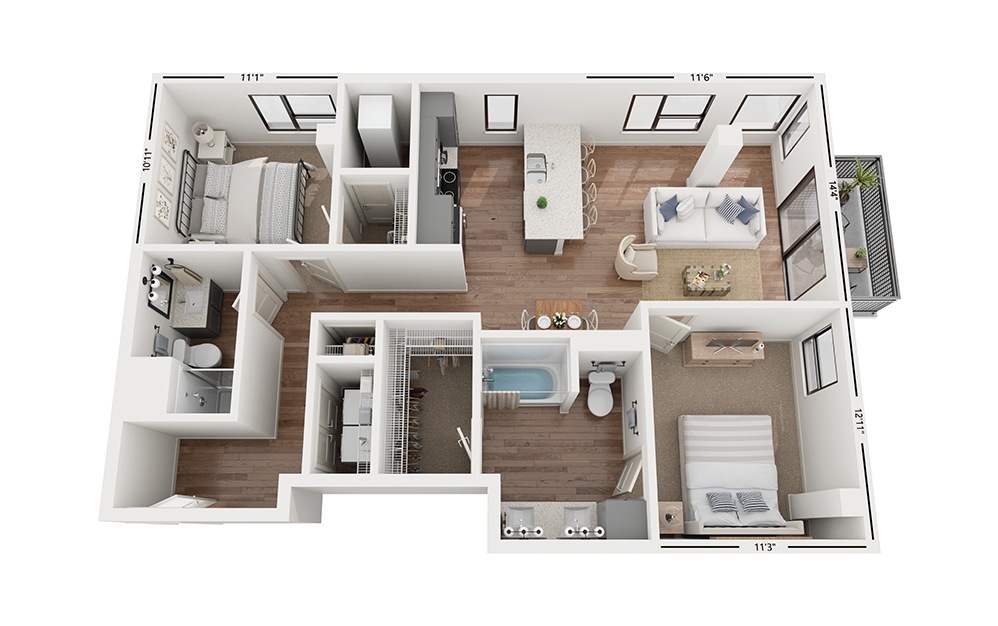 Duo C8 - 2 bedroom floorplan layout with 2 bathrooms and 1061 square feet