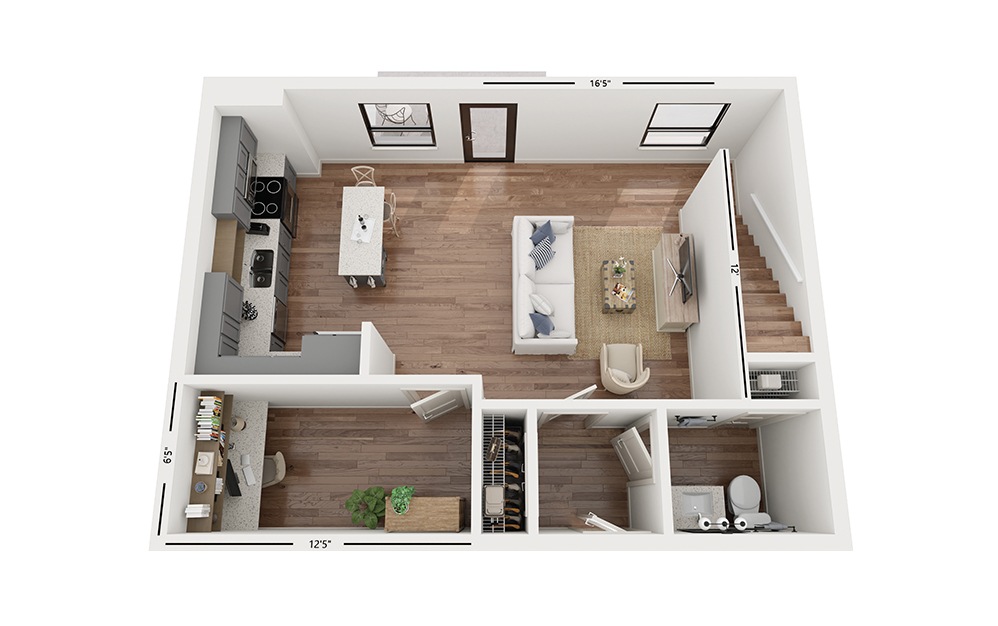 Duo CC1 - 2 bedroom floorplan layout with 2.5 baths and 1333 square feet. (Floor 1)