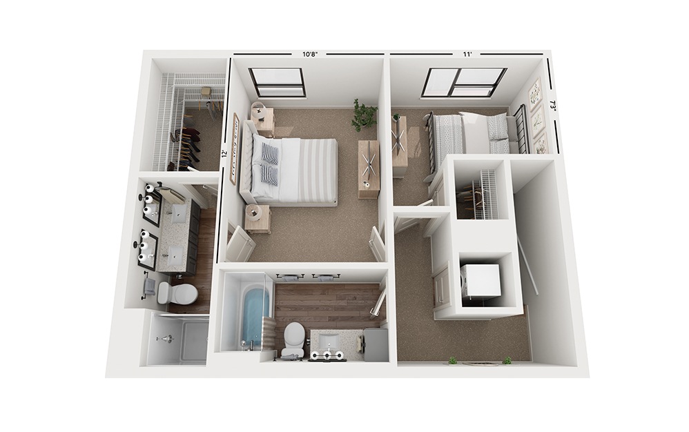 Duo CC1 - 2 bedroom floorplan layout with 2.5 baths and 1333 square feet. (Floor 2)