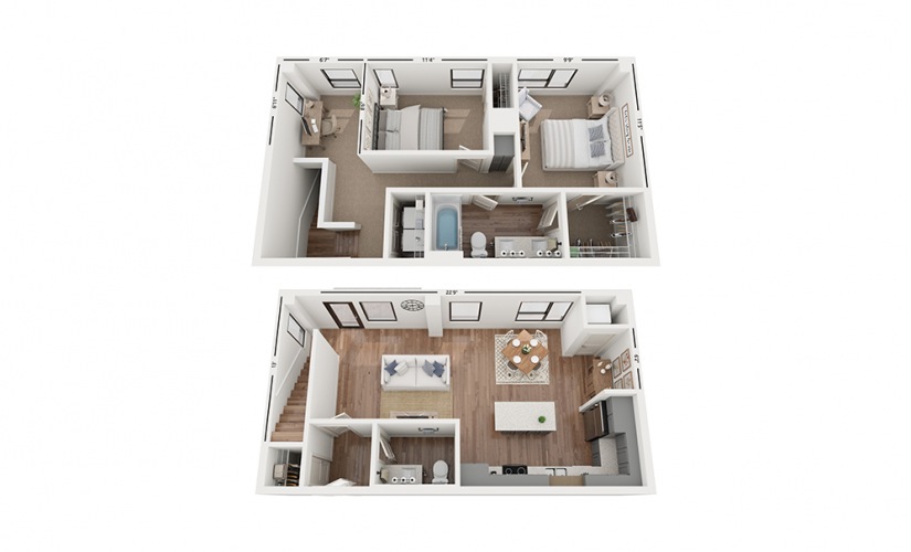 Duo CC2 - 2 bedroom floor plan layout with 1.5 bathroom and 1376 square feet