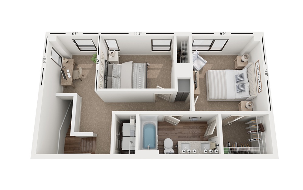 Duo CC2 - 2 bedroom floorplan layout with 2 baths and 1376 square feet. (Floor 2)