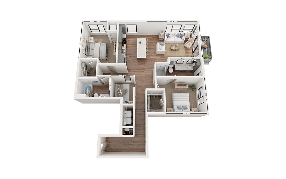 Duo CC4 - 2 bedroom floorplan layout with 2 baths and 1318 square feet.