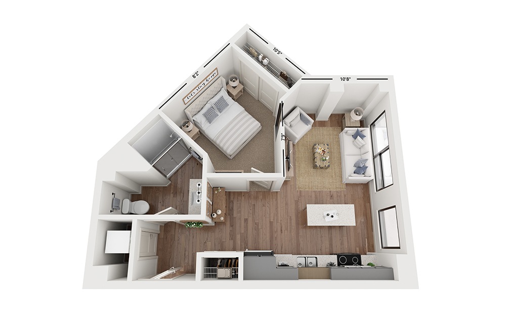 Sole AA3 - 1 bedroom floorplan layout with 1 bathroom and 606 square feet