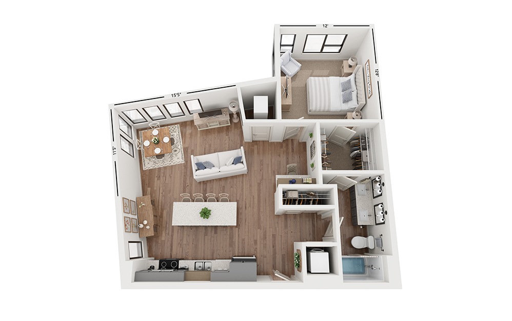 Sole B12 - 1 bedroom floorplan layout with 1 bath and 872 square feet.