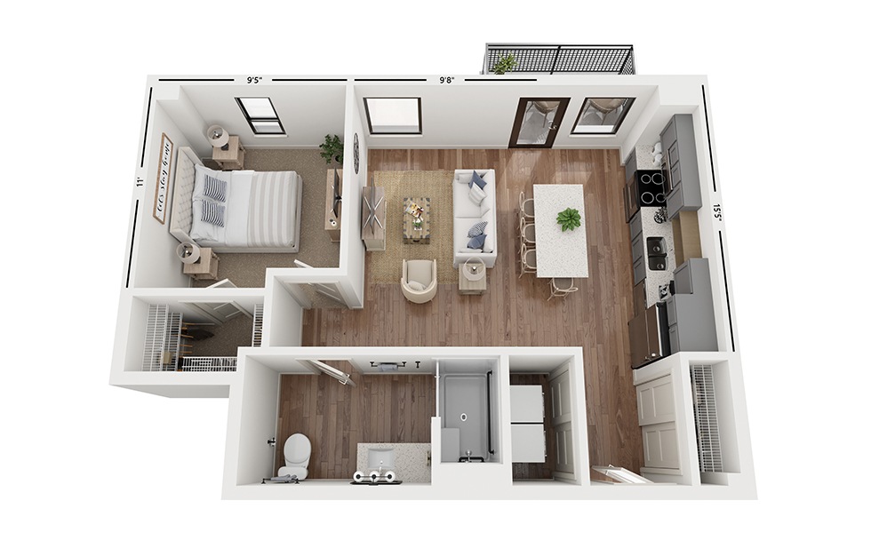 Sole B5  - 1 bedroom floorplan layout with 1 bath and 683 square feet.