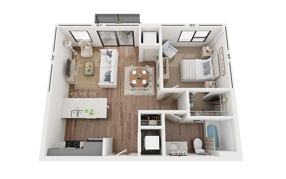 Sole B6 - 1 bedroom floorplan layout with 1 bath and 680 square feet.