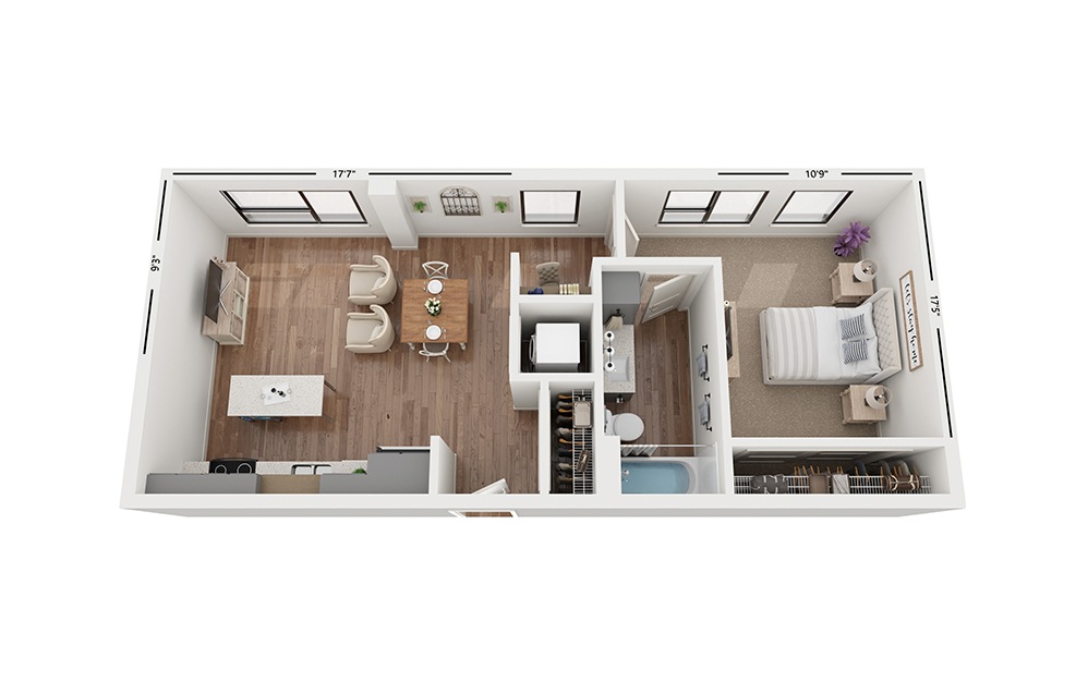 Sole B8 - 1 bedroom floorplan layout with 1 bath and 685 square feet.