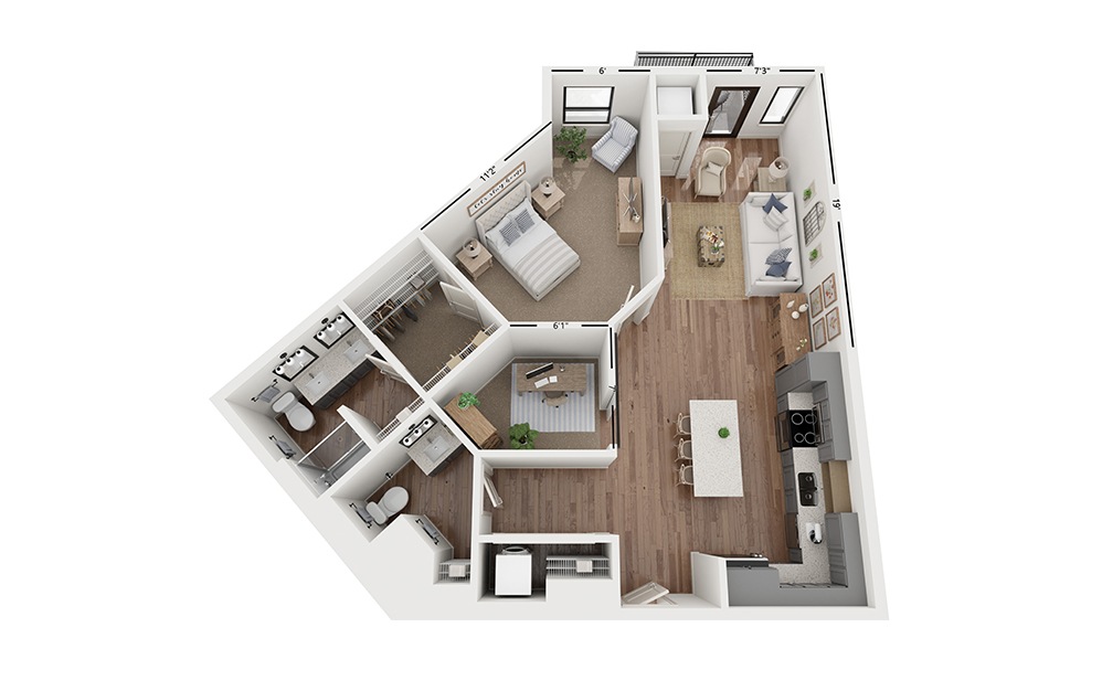 Sole BB3 - 1 bedroom floorplan layout with 1 bathroom and 984 square feet