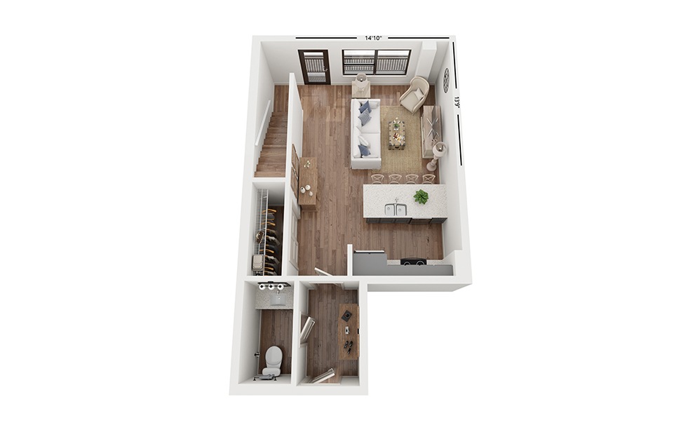 Sole BB4 - 1 bedroom floorplan layout with 1.5 bath and 1168 square feet. (Floor 1)