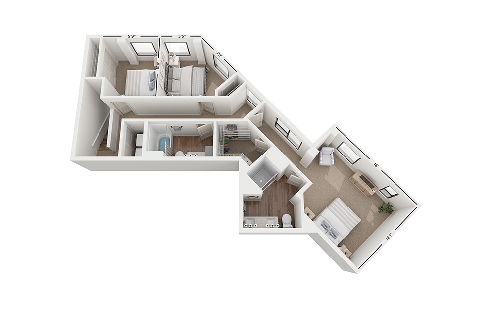 Vue D1 - 3 bedroom floorplan layout with 3 baths and 1728 square feet. (Floor 2)