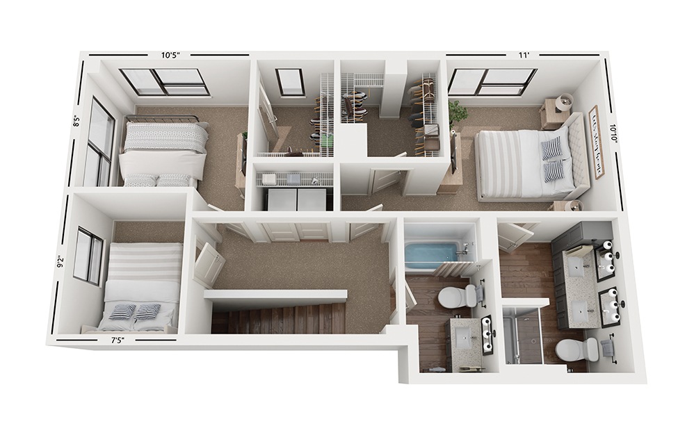 Vue D2 - 3 bedroom floorplan layout with 3 baths and 1593 square feet. (Floor 2)